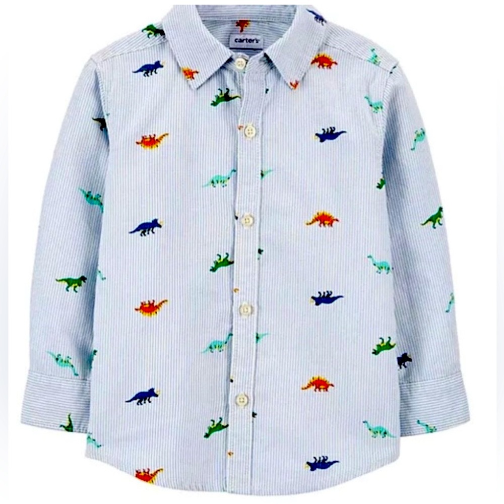 Carter’s Boy’s Blue Pinstriped Seersucker Dinosaur Print Shirt Size 8